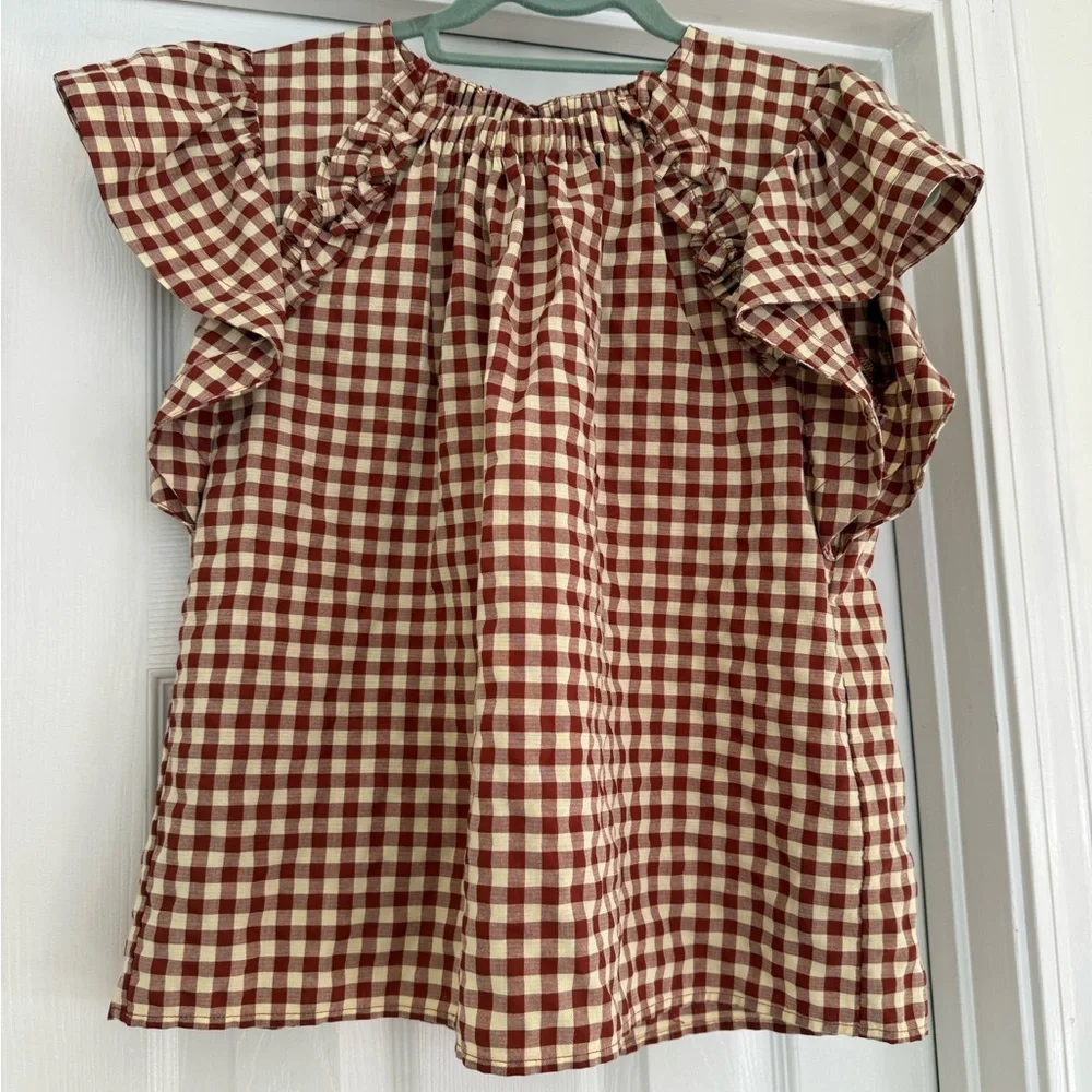 En Saison Gingham Ruffle Sleeve Top - Picture 2 of 8